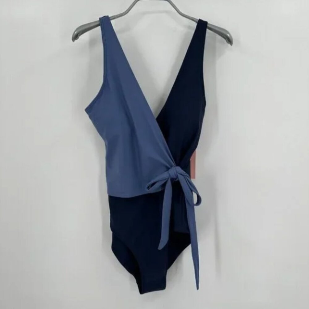 Quince Italian Wrap One-Piece Swimsuit Navy Blue Colorblock sz 2 XS Women's